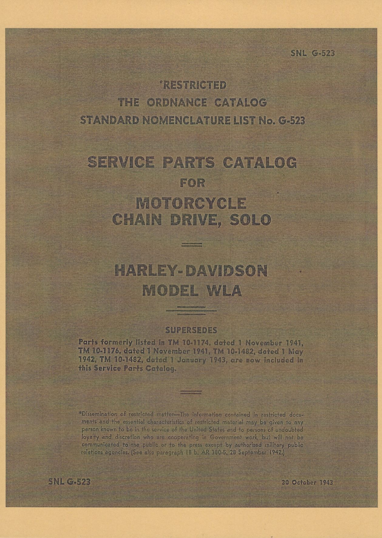 SNL G-523 US SERVICE PARTS CATALOG FOR MOTORCYCLE  CHAIN DRIVE, SOLO HARLEY-DAVIDSON MODEL WLA